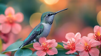 Fototapeta premium Realistic depiction of a vibrant hummingbird thriving in its lush natural environment