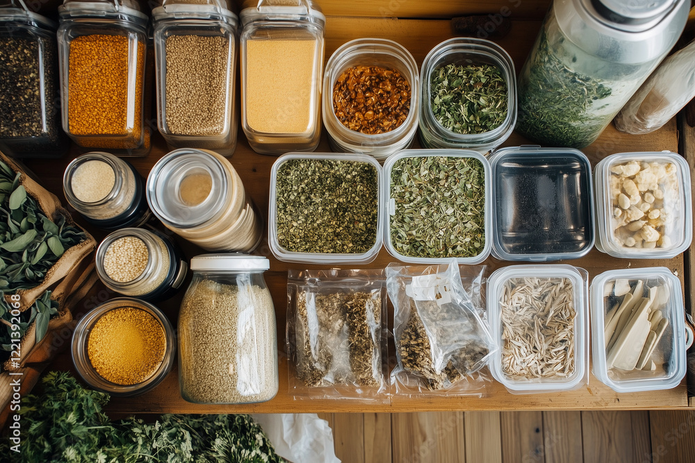 Poster table with many jars and containers of spices and herbs. the jars are of different sizes and shapes,