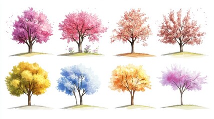 Obraz premium Vector set of spring blossom tree blooming plants for landscape elevation and section eco environment concept
