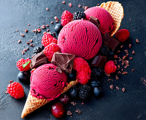 Scoops of vibrant berry ice cream are served in a waffle cone with fresh raspberries, blackberries, blueberries, chocolate chips and garnished with mint.