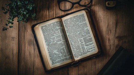 Obraz premium Vintage Book Still Life on Wooden Desk with Glasses and Plant Overhead