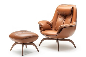 Naklejka premium Brown leather ottoman and chair, separated on a white background, home décor design, Generative AI.