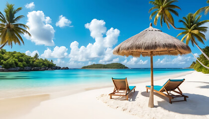Tropical paradise beach scene with lounge chairs and thatched umbrella.