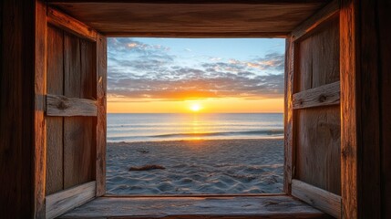 Wooden window frame reveals a breathtaking ocean sunrise