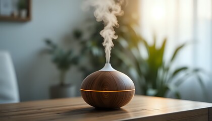 Serene Wooden Aroma Diffuser: A Calm, Ambient Home Scene