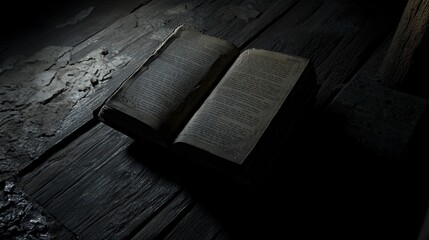 Open vintage book with weathered pages on a dark wooden surface illuminated by a ray of light