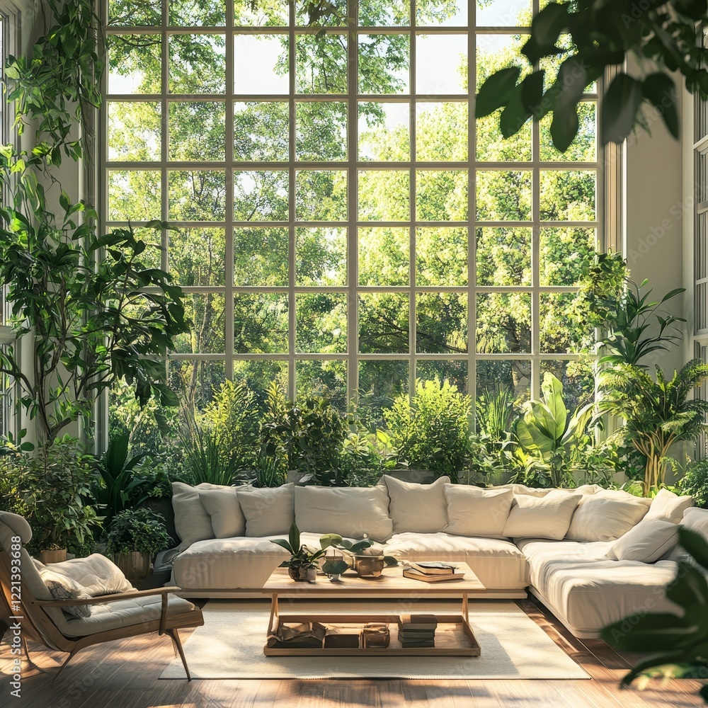Poster an inviting and bright living space filled with abundant natural light and greenery, boasting large 