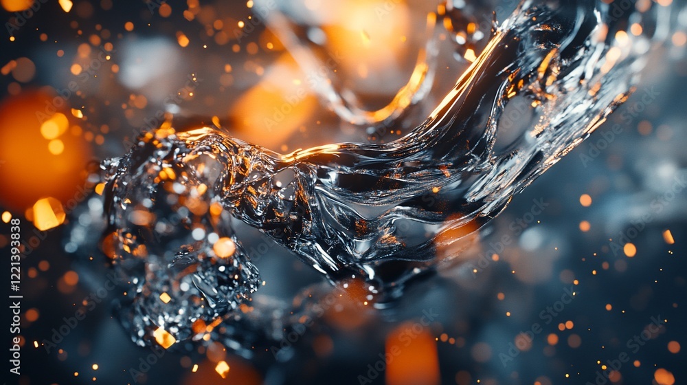 Aufkleber dynamic abstract art featuring swirling silver and orange shapes with bokeh effects and dark backgro