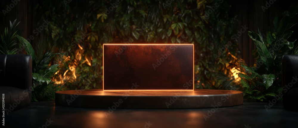 Poster modern display setup with glowing edges, surrounded by lush greenery and soft lighting, creating ser