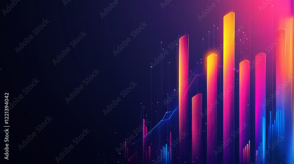 Poster vibrant digital graph with colorful bars and lines representing data trends