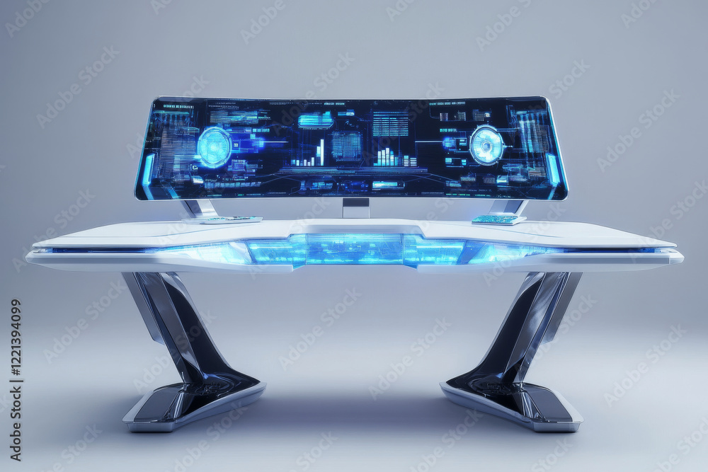 Poster sleek futuristic office desk featuring holographic display and modern design. innovative structure c