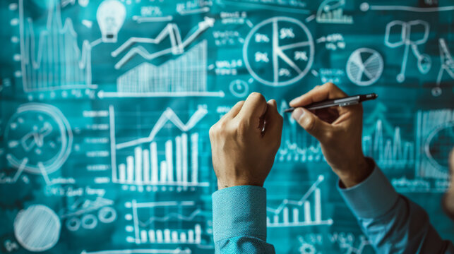 Analyzing market trends with graphs and charts while noting insights on a blue backdrop