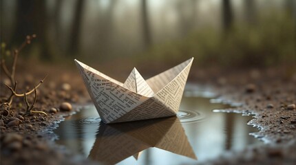 A paper boat floats on a thawed patch in a spring forest - generative AI