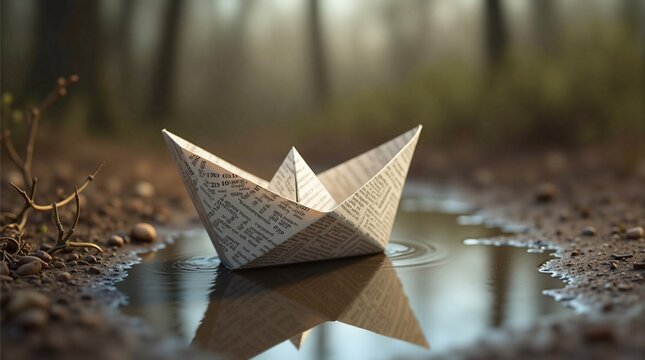 A paper boat floats on a thawed patch in a spring forest - generative AI