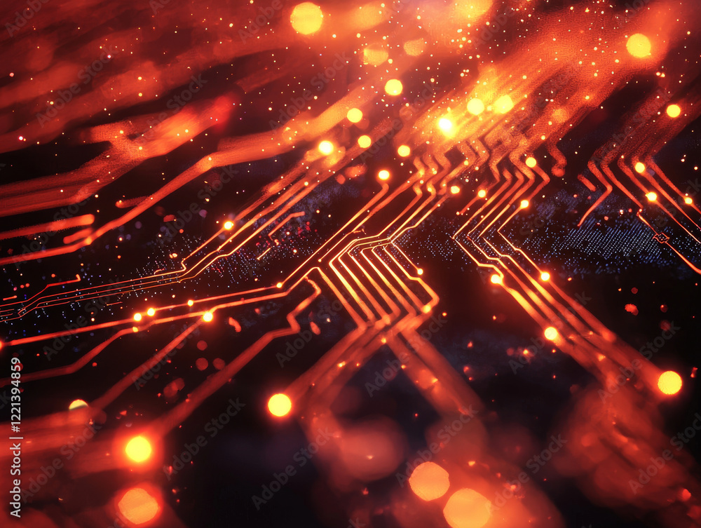 Poster vibrant abstract representation of circuit board with glowing lines and particles, showcasing modern