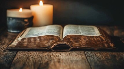 An old open book on a wooden table with two burning candles provides a calming atmosphere