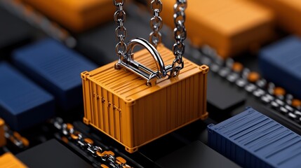 Shipping Container Cargo: A close-up shot of an orange shipping container being lifted by a chain, emphasizing its secure attachment and signifying efficient cargo handling.
