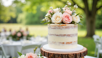 Elegant spring wedding cake adorned with fresh flowers outdoors, celebration Spring Weddings