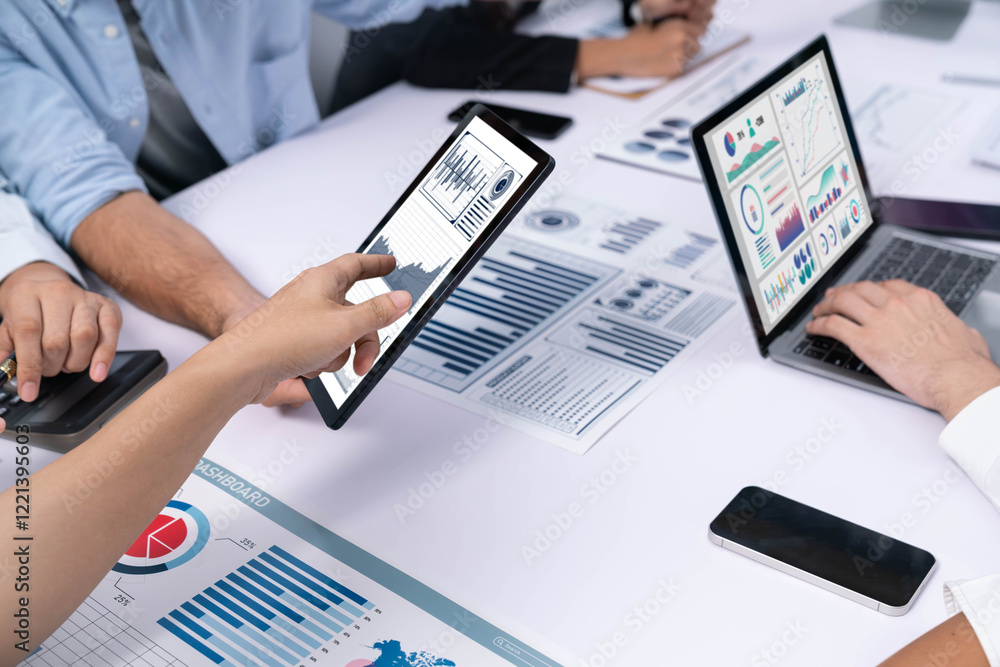 Poster analyst team uses bi fintech display tablet to analyze financial data . business people analyze bi s