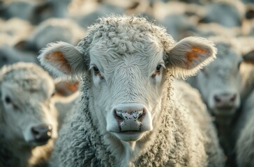 Close-Up of Fluffy White Sheep with Soft Wool in a Herd, Capturing the Intricate Details of Animal Features and Natural Habitat Under Soft Light