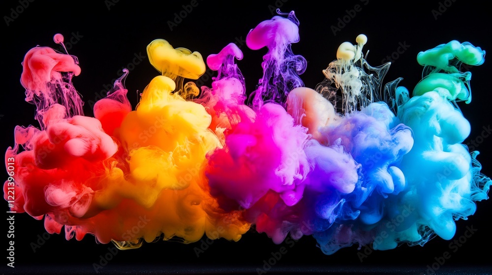 Poster vibrant color clouds bursting against a deep black background a dynamic abstract display