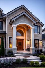 Obraz premium Luxury Home Exterior at Dusk: Elegant Stone Facade, Grand Entrance, and Landscaped Walkway