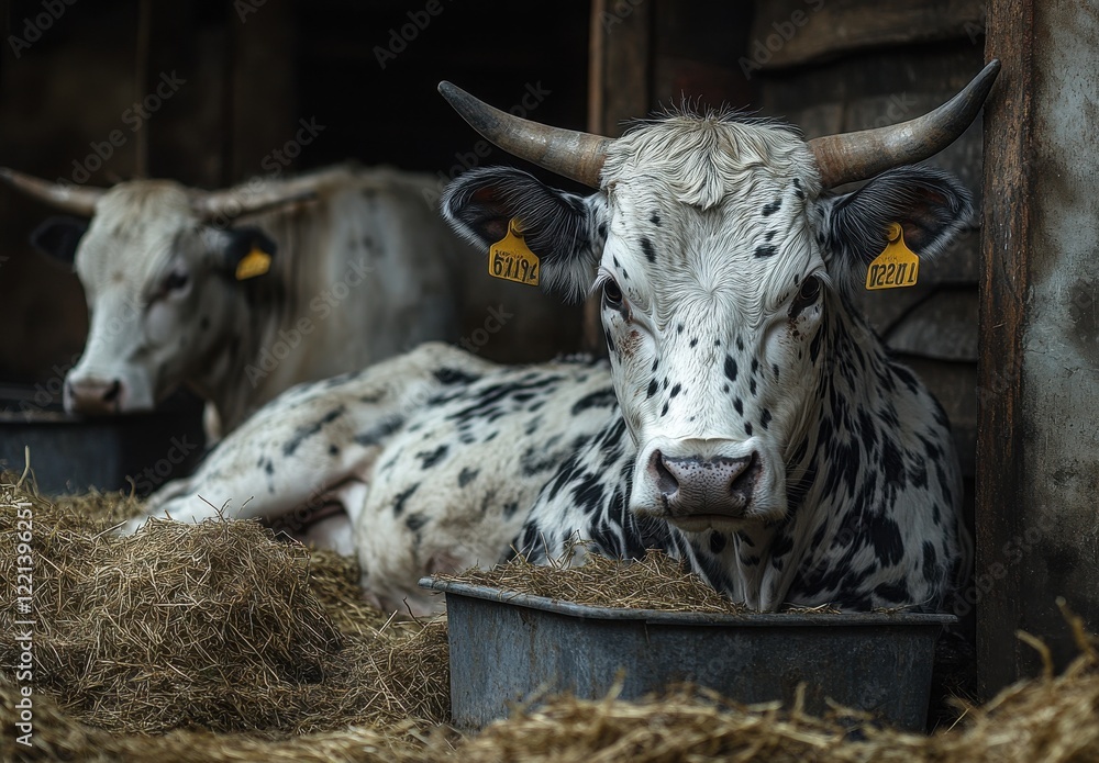 Poster close-up of spotted cows in barn surrounded by straw, feeding in rustic setting with wooden structur