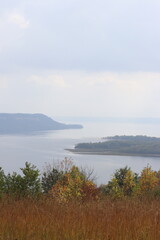 View overlooking the foggy coastline of Lake Superior in Duluth, Minnesota	