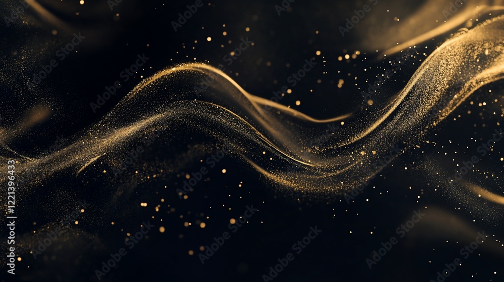 Poster elegant abstract golden wave on a dark background with sparkling particles overlay