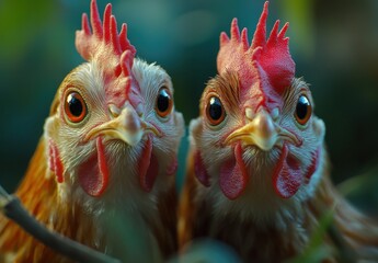 Fototapeta premium Close-Up of Two Curious Chickens with Vibrant Red Comb and Bright Eyes Captures the Intriguing Essence of Poultry Life in a Natural Setting