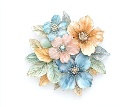 Watercolor floral brooch design featuring blue, peach, and orange flowers with leaves. beautiful and artistic accessory