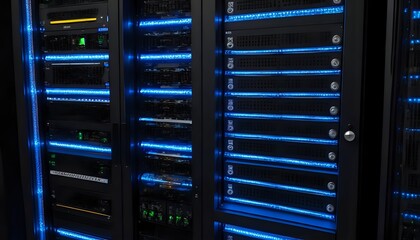 Server Rack: Blue-Lit Data Center Technology in a Sleek, Modern Design