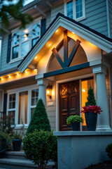 Illuminated House Entrance at Night: Modern Home Exterior Design, Real Estate Photography