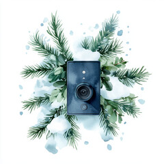 watercolor design featuring smart doorbell camera surrounded by pine branches and snow, evoking wintery feel