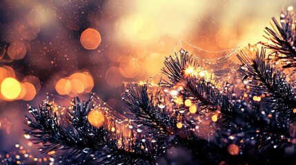 Fototapeta premium Dew-kissed pine branch, bokeh background, forest, autumn, website banner