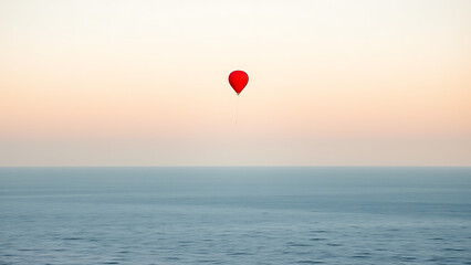 Fototapeta premium A single, small, red hot air balloon floats in a pale sky above a calm, expansive ocean
