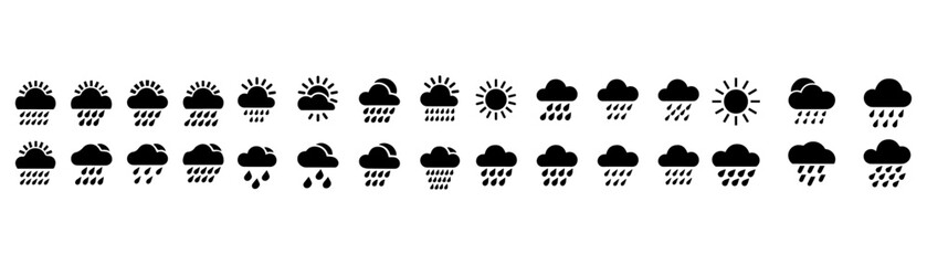 Black weather icon silhouette. Depicting sunny, rainy, snowy, stormy conditions.