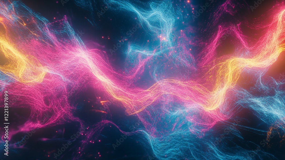 Poster abstract digital rendering of flowing energy lines with colorful light trails and particles