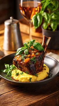 Hearty italian osso buco with braised veal shanks and creamy polenta on rustic wooden table