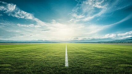 Expansive Green Field Stretches Under a Vibrant Sky With Fluffy Clouds Reflecting a Serene Landscape at Midday