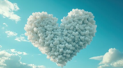 Naklejka premium A heart-shaped balloon drifts among fluffy clouds in a clear sky, symbolizing love and joy.