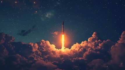 Obraz premium Night Missile Launch Through Clouds, Starry Sky Background