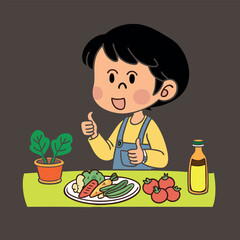 Vector illustration of a little boy eating vegetables