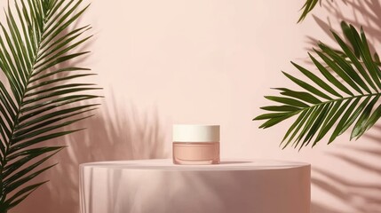 Modern cosmetic products display with natural cosmetics against a pastel pink background