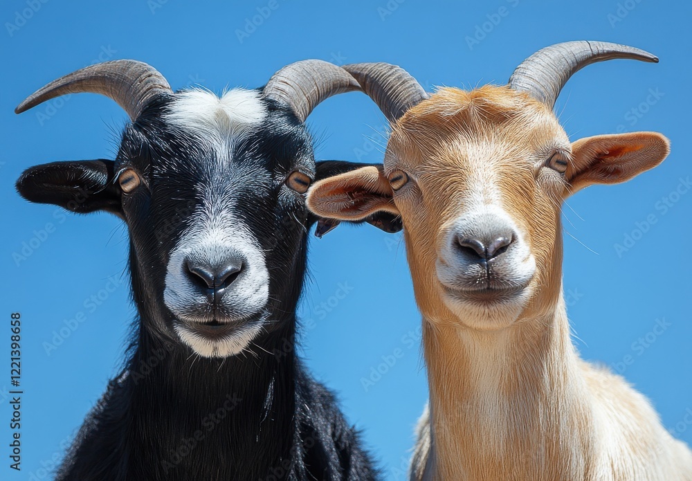 Poster close-up portrait of two goats with distinctive features against a clear blue sky highlighting their