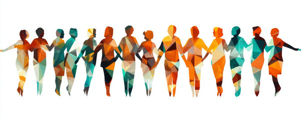Abstract representation of teamwork with colorful silhouettes of diverse individuals holding hands, symbolizing unity and collaboration