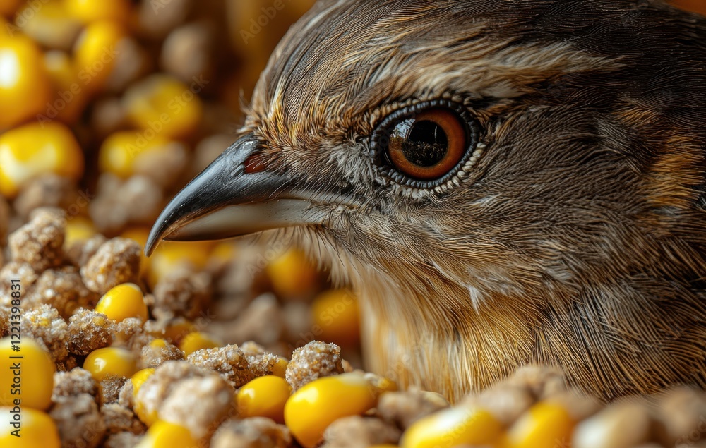 Poster close-up view of a bird amidst colorful seeds expressing curiosity and intrigue in a nature setting,