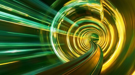 Abstract tunnel of light with green and gold streaks creates a hypnotic visual