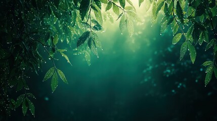 Obraz premium Dewy leaves, forest backdrop, sunlit, nature scene, website banner