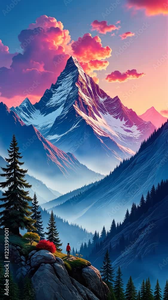 Poster a mountain range with a red sun in the sky. a person is standing on a mountain top